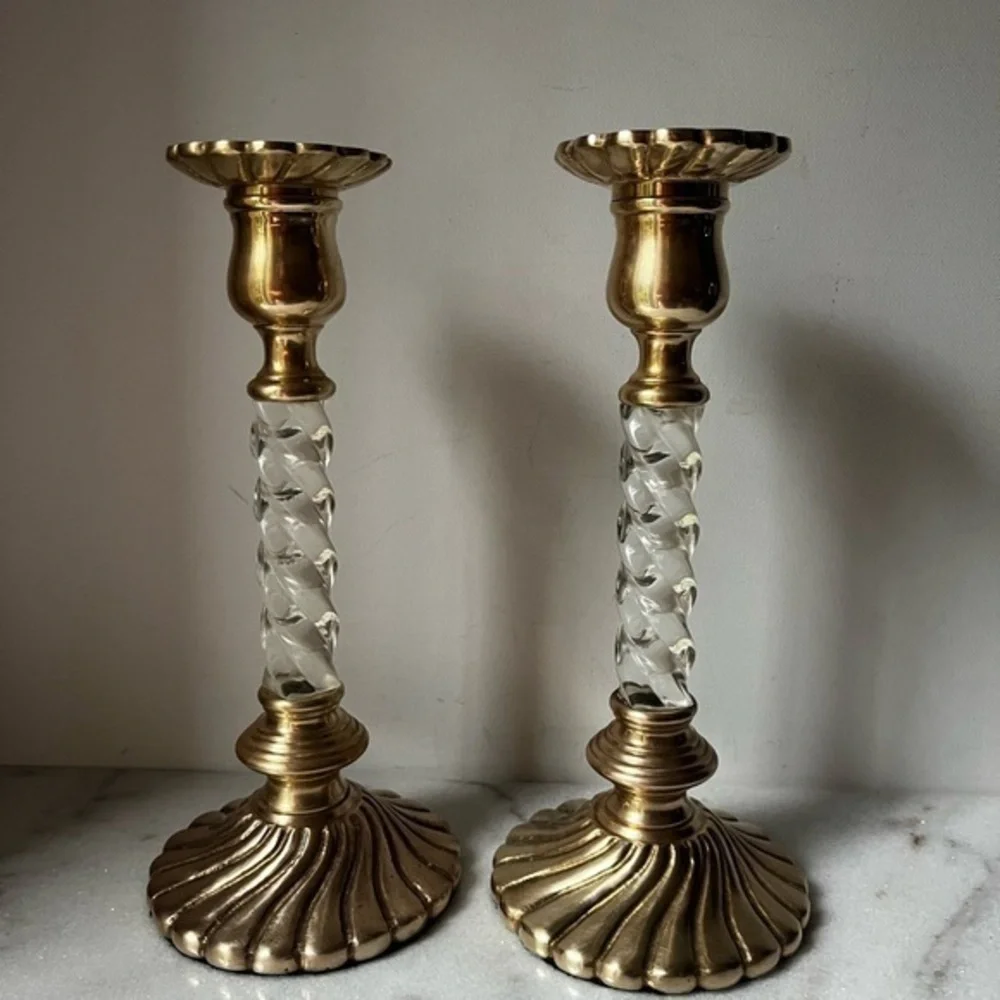 Elegant Gold brass and Clear lucid Candlestick Holders 10.5” set of 2